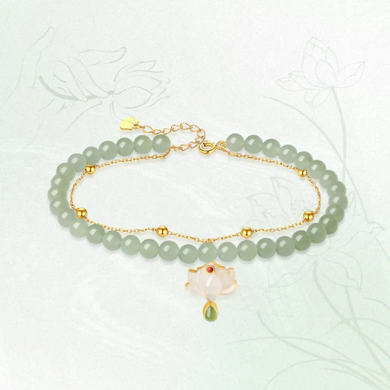 Fu Ru Ji Hetian Jade 925 Sterling Silver Anklet Women's Pale Greenish White Jade-1