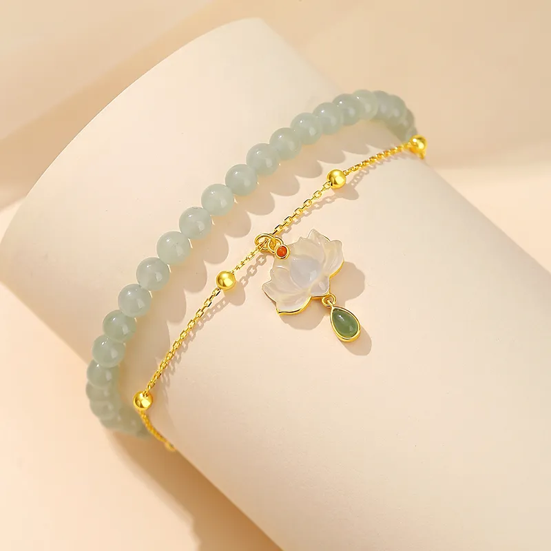 Fu Ru Ji Hetian Jade 925 Sterling Silver Anklet Women's Pale Greenish White Jade-3