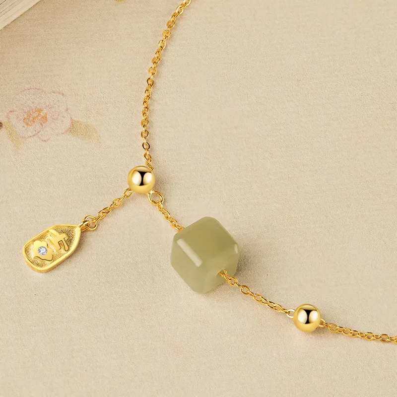 Fu Ru Ji Hetian Jade 925 Sterling Silver Anklet Women's Green Jade-2