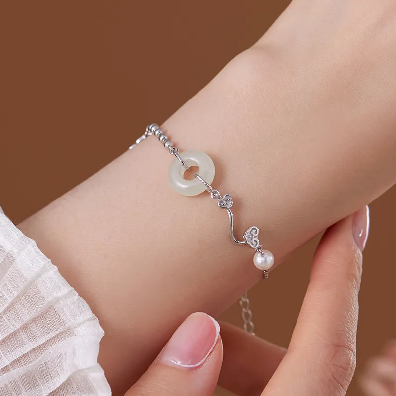 Fu Ru Ji Hetian Jade S925 Silver Bracelet Women's Pale Greenish White Jade-3