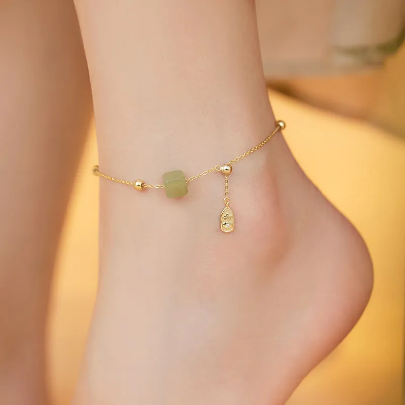 Fu Ru Ji Hetian Jade 925 Sterling Silver Anklet Women's Green Jade-5