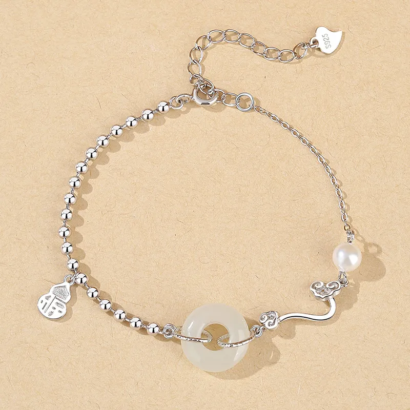 Fu Ru Ji Hetian Jade S925 Silver Bracelet Women's Pale Greenish White Jade-1