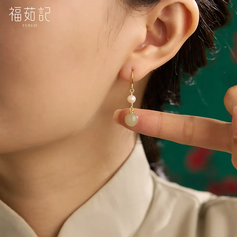 Fu Ru Ji Hetian Jade Earrings Pale Greenish White Jade Women's-4