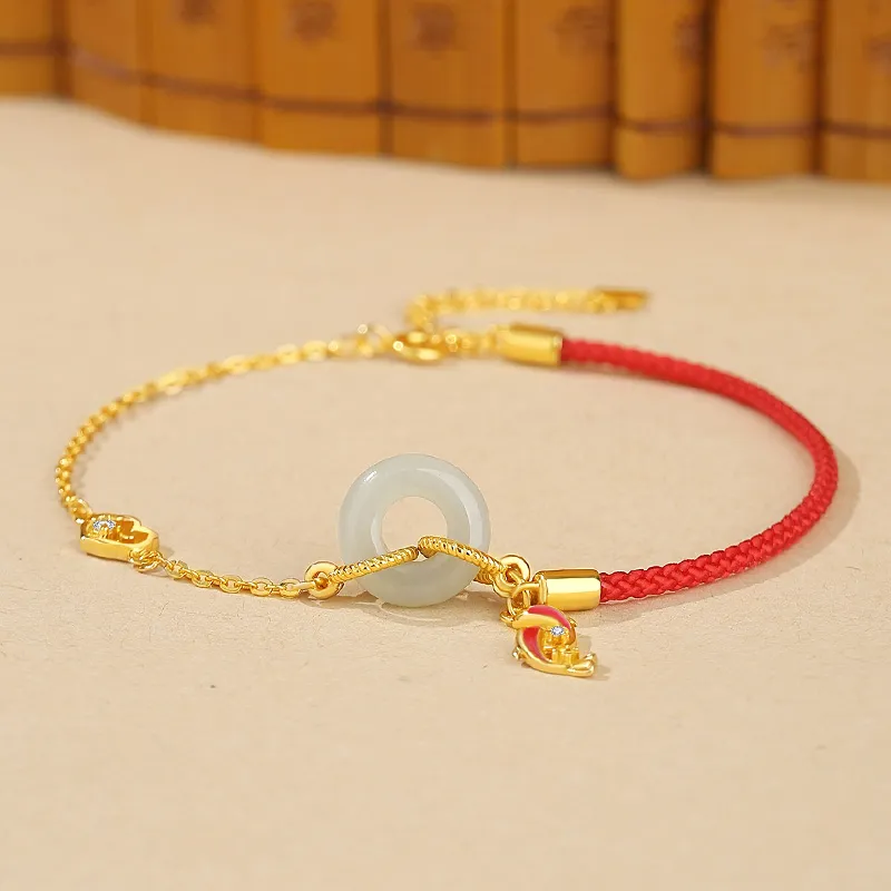 Fu Ru Ji Hetian Jade 925 Sterling Silver Anklet Women's Pale Greenish White Jade-2
