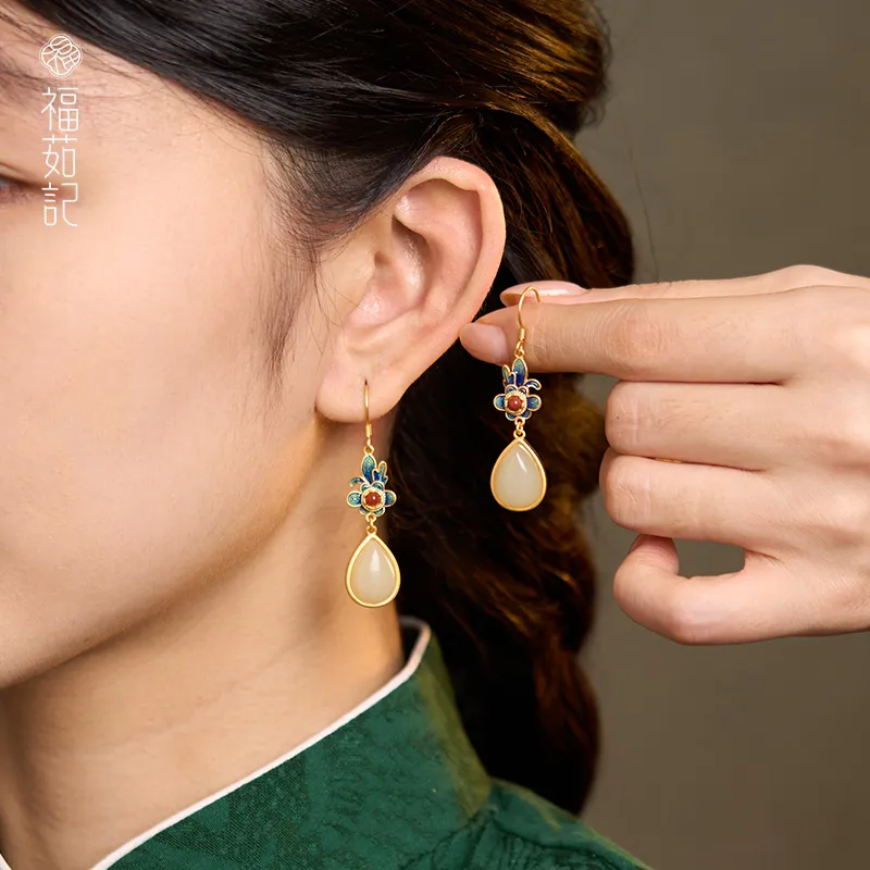 Fu Ru Ji Hetian Jade Earrings Pale Greenish White Jade Women's-4