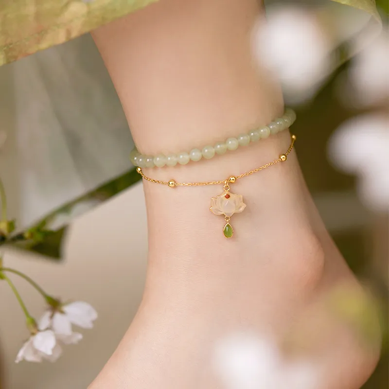 Fu Ru Ji Hetian Jade 925 Sterling Silver Anklet Women's Pale Greenish White Jade-5