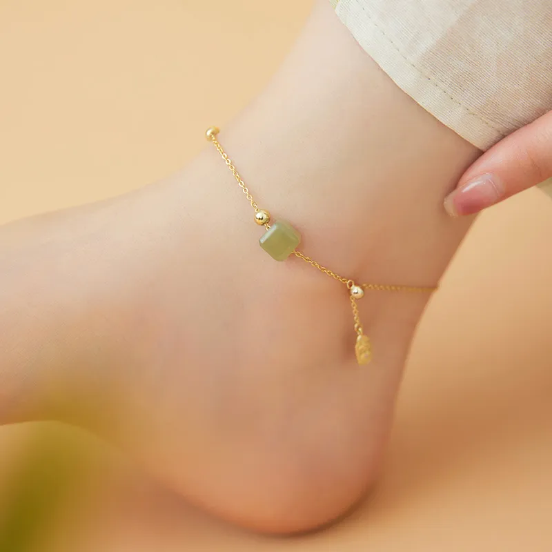Fu Ru Ji Hetian Jade 925 Sterling Silver Anklet Women's Green Jade-4
