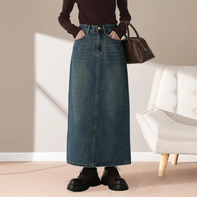 Weixi Denim Long Skirts Women's Vintage Blue-4