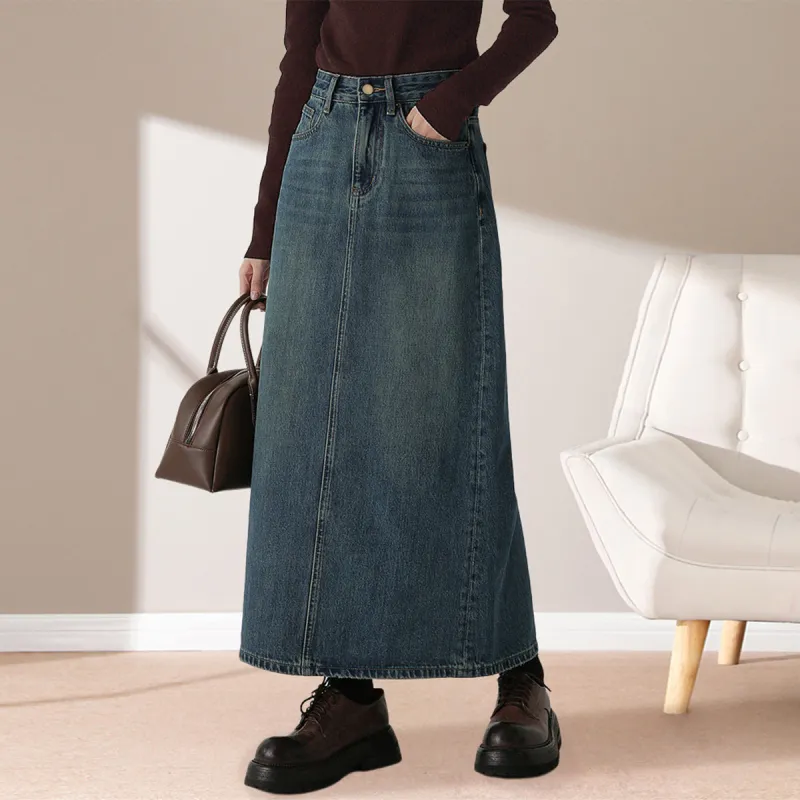 Weixi Denim Long Skirts Women's Vintage Blue-6