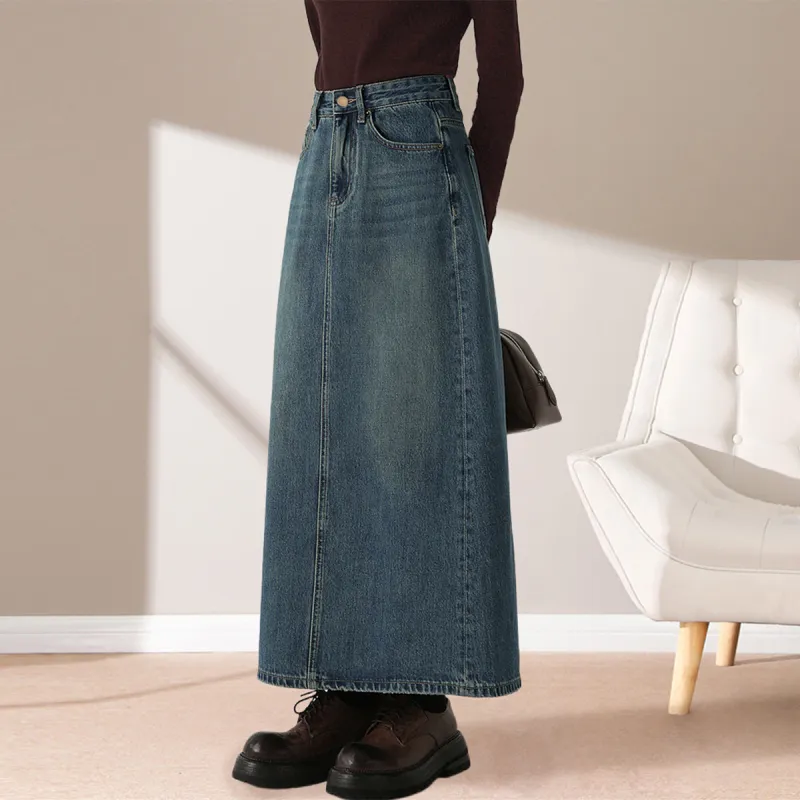 Weixi Denim Long Skirts Women's Vintage Blue-5