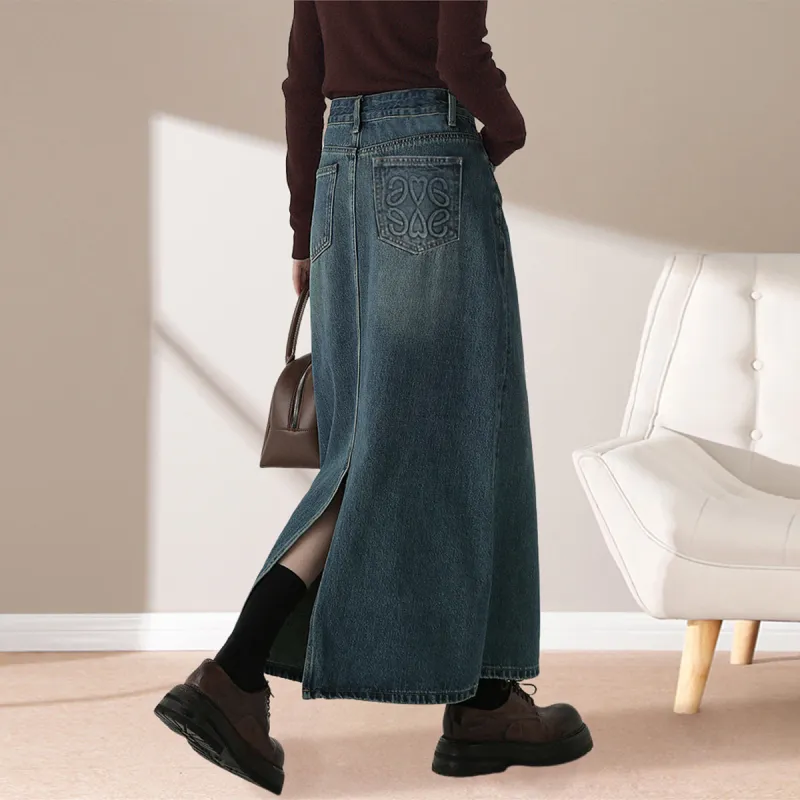 Weixi Denim Long Skirts Women's Vintage Blue-7
