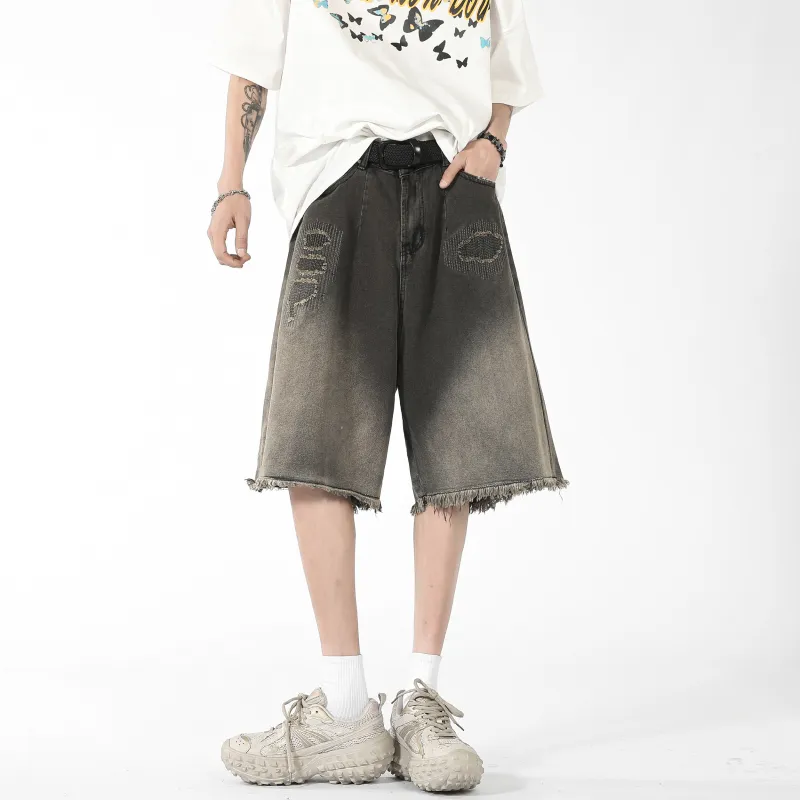 FAIRWHALE Denim Shorts Unisex Black Gray-2