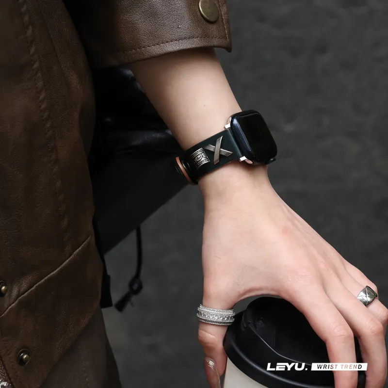LeYu Vintage Punk Stud Strap Watch Bands Genuine Leather Unisex-3