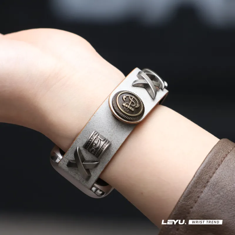 LeYu Vintage Punk Stud Strap Watch Bands Genuine Leather Unisex-9
