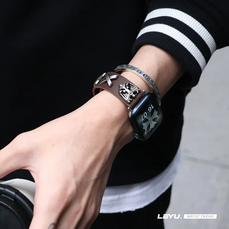 LeYu Vintage Punk Stud Strap Watch Bands Genuine Leather Unisex-12