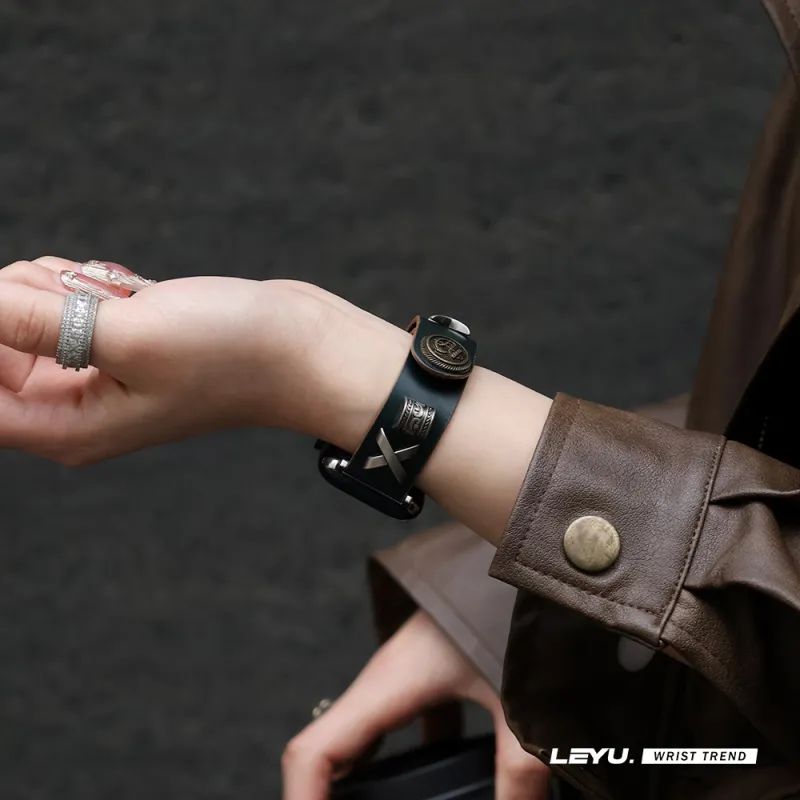 LeYu Vintage Punk Stud Strap Watch Bands Genuine Leather Unisex-2