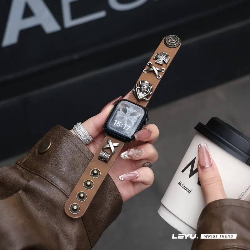 LeYu Vintage Punk Stud Strap Watch Bands Genuine Leather Unisex-16