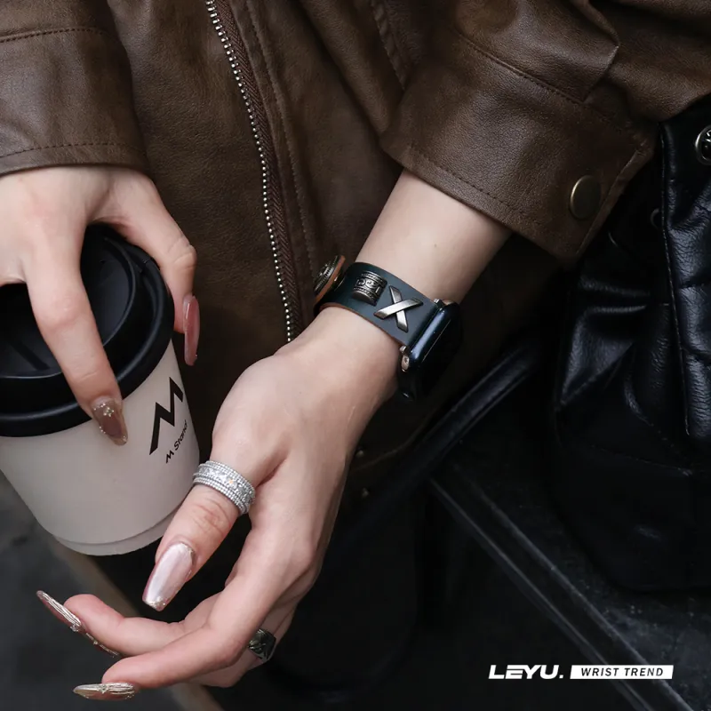 LeYu Vintage Punk Stud Strap Watch Bands Genuine Leather Unisex-4