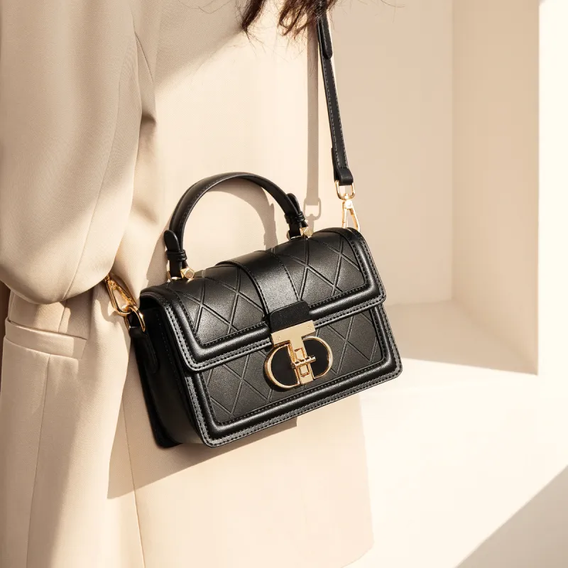 FOXER Cow Leather Shoulder Bag, Handbag, Small Square Bag, Crossbody Bag Large Size Women's Black/White-3