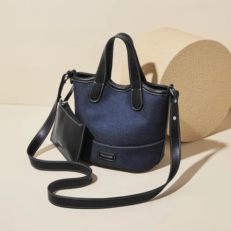FOXER Fabric, Synthetic Leather Shoulder Bag, Crossbody Bag, Handbag, Combo Bag Tubas Women's Denim Blue-5