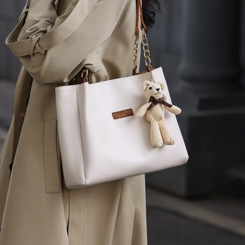 FOXER Cow Leather Tote Bag Shopping Bag Shoulder Bags Regular Large Size Women's White/Brown-3