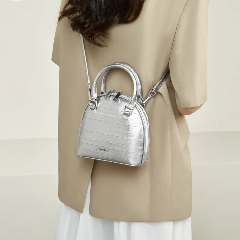 FOXER Synthetic Leather Patchwork With Cow Leather Zip Closure Handbag Regular Women's Silver/Black-3