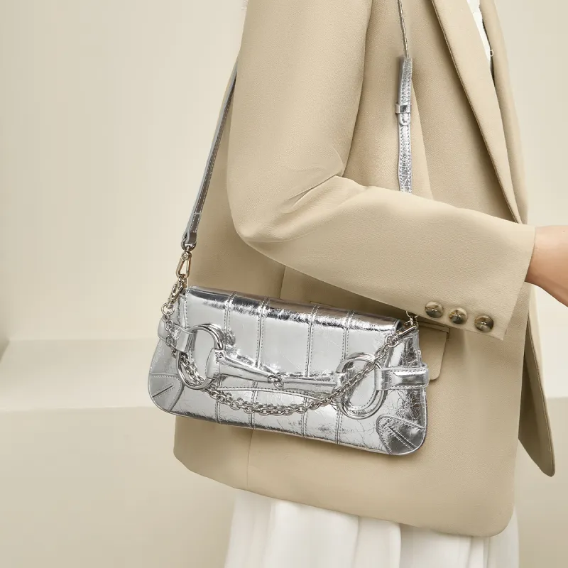 FOXER Cow Leather With Synthetic Leather Shoulder Bag Women's Silver-3