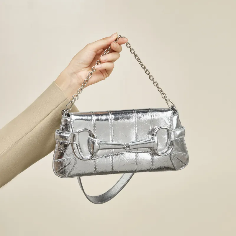 FOXER Cow Leather With Synthetic Leather Shoulder Bag Women's Silver-5