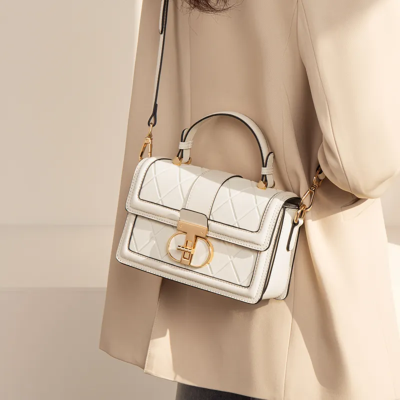 FOXER Cow Leather Shoulder Bag, Handbag, Small Square Bag, Crossbody Bag Large Size Women's Black/White-7