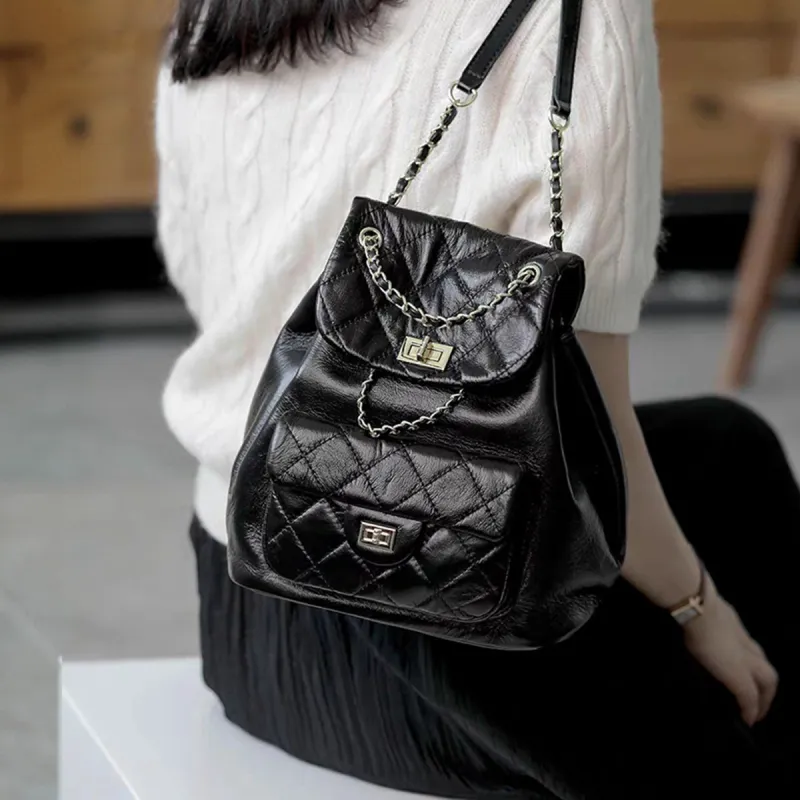 FOXER Cow Leather Versatile Backpack Diamond Pattern Backpack Regular Women's Black-2
