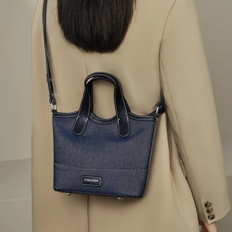 FOXER Fabric, Synthetic Leather Shoulder Bag, Crossbody Bag, Handbag, Combo Bag Tubas Women's Denim Blue-4