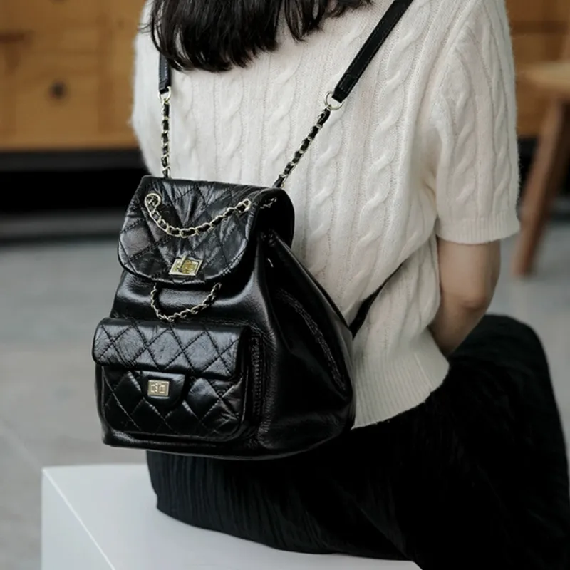 FOXER Cow Leather Versatile Backpack Diamond Pattern Backpack Regular Women's Black-3