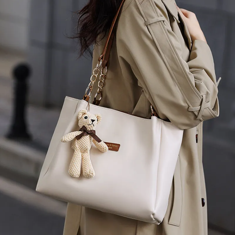 FOXER Cow Leather Tote Bag Shopping Bag Shoulder Bags Regular Large Size Women's White/Brown-2
