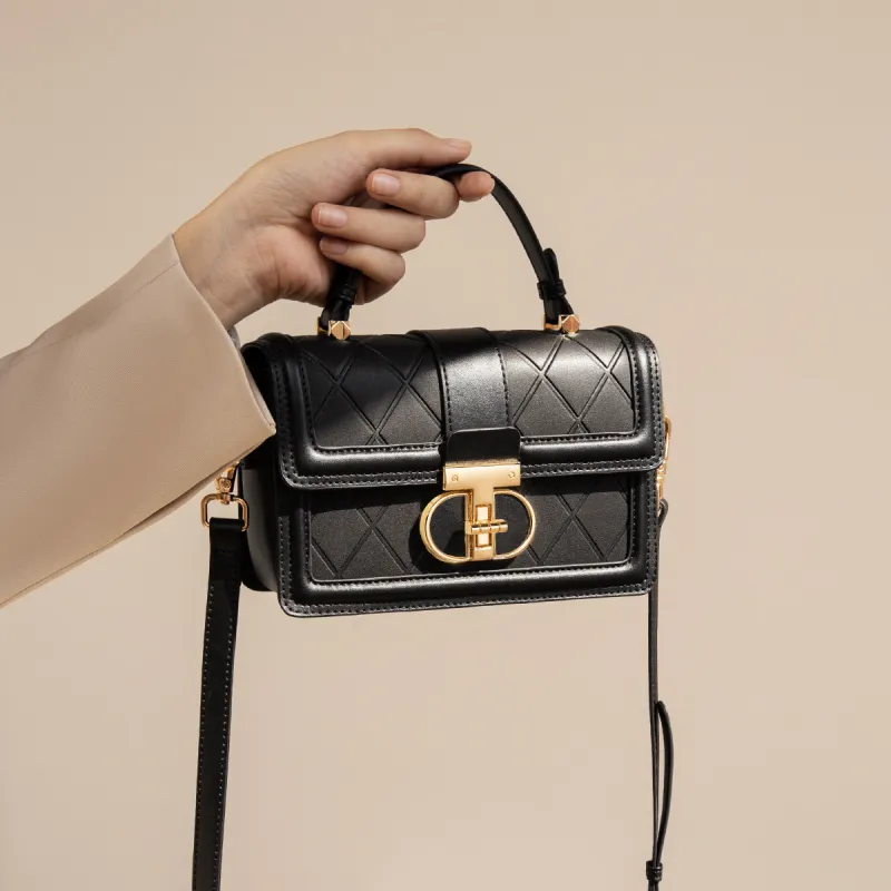 FOXER Cow Leather Shoulder Bag, Handbag, Small Square Bag, Crossbody Bag Large Size Women's Black/White-2