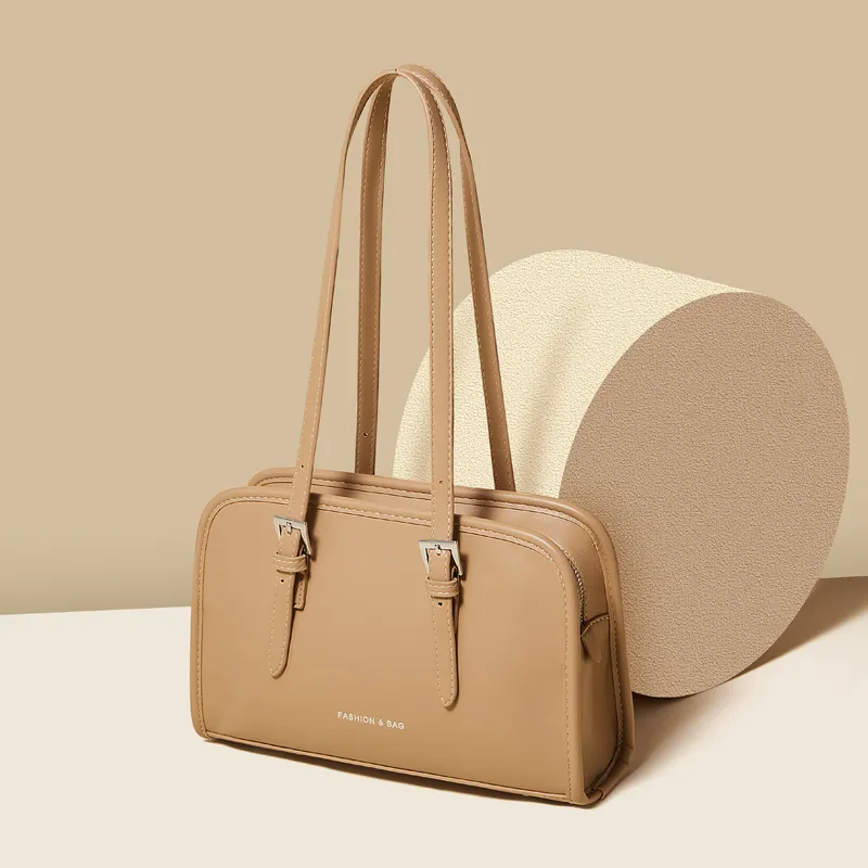 FOXER Synthetic Leather Bowling Bag, Shoulder Bag Women's Khaki/White-4