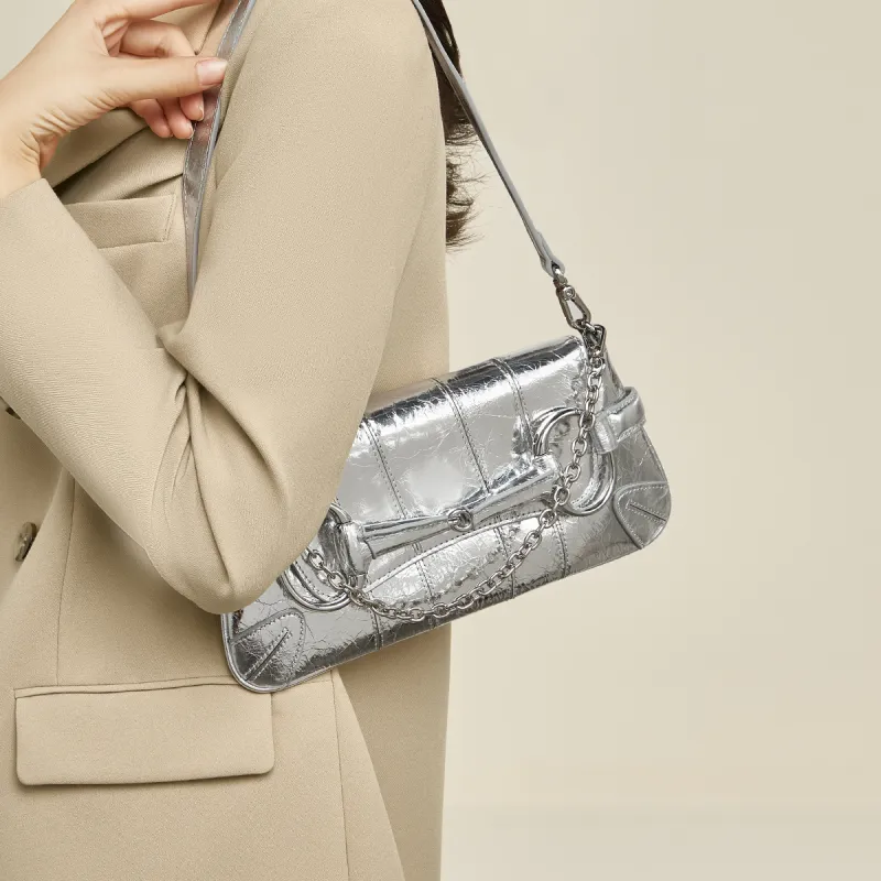 FOXER Cow Leather With Synthetic Leather Shoulder Bag Women's Silver-4