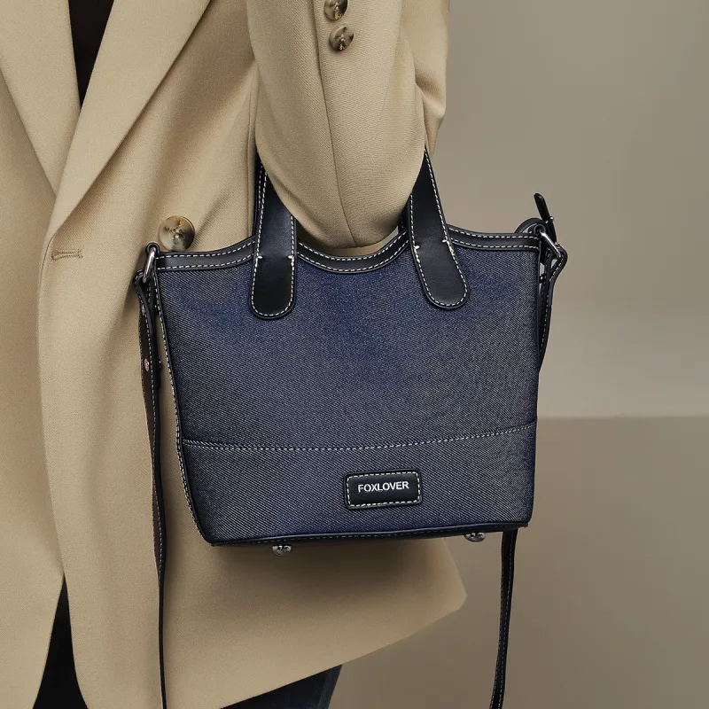 FOXER Fabric, Synthetic Leather Shoulder Bag, Crossbody Bag, Handbag, Combo Bag Tubas Women's Denim Blue-3