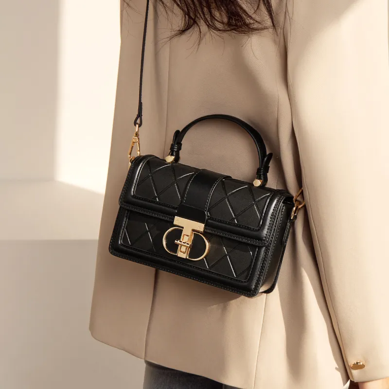 FOXER Cow Leather Shoulder Bag, Handbag, Small Square Bag, Crossbody Bag Large Size Women's Black/White-1