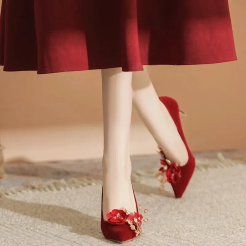 City Camel Slim Heel High Heels Women's Red-2
