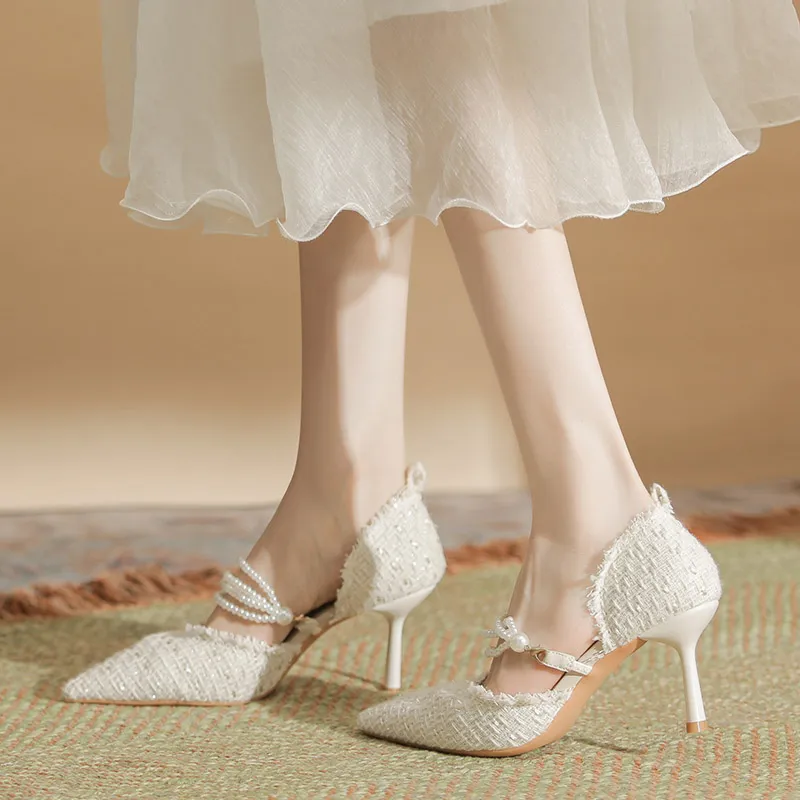 City Camel Slim Heel High Heels Women's White-3
