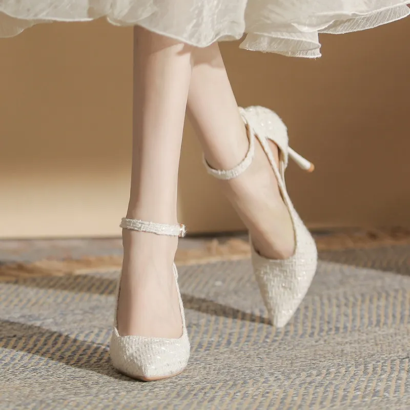 City Camel Slim Heel High Heels Women's White-3