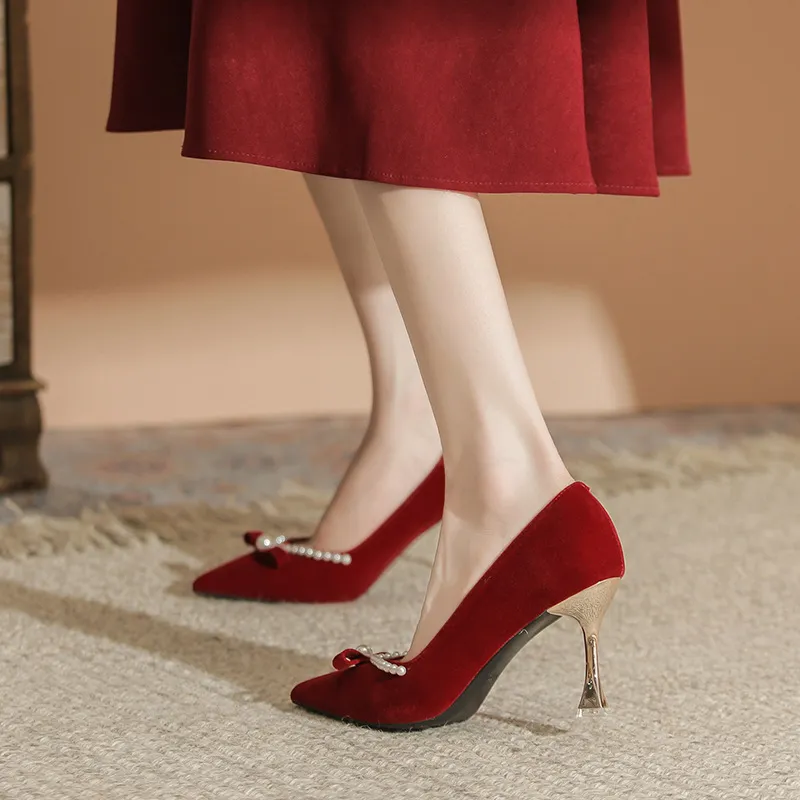 City Camel Slim Heel High Heels Women's Red-3