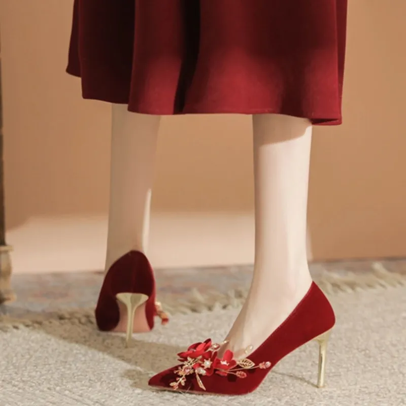 City Camel Slim Heel High Heels Women's Red-3