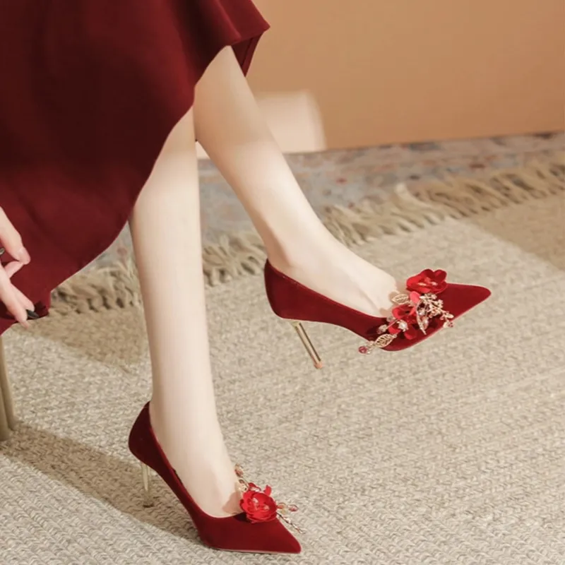 City Camel Slim Heel High Heels Women's Red-1