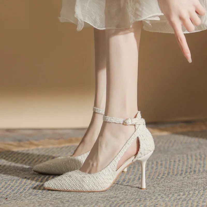 City Camel Slim Heel High Heels Women's White-4