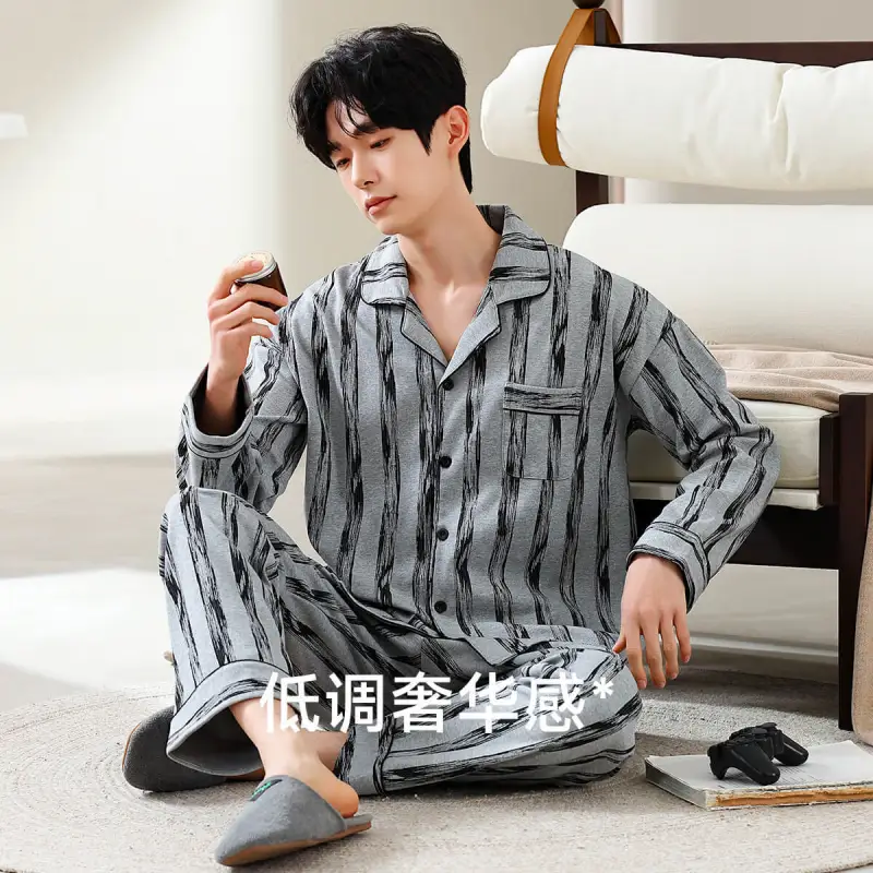 GUJIN Pajama Set Men's 1Gray Stripes-5