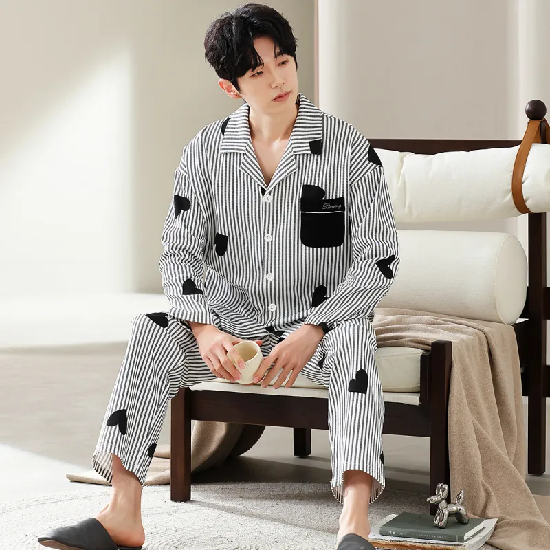 GUJIN Pajama Set Men's White Stripes-4