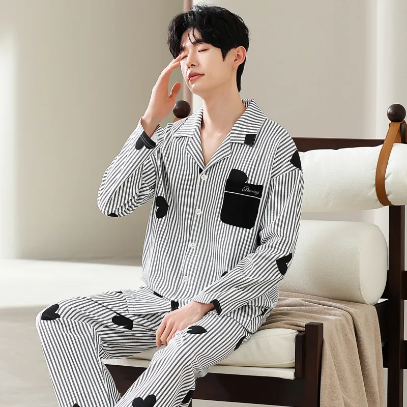 GUJIN Pajama Set Men's White Stripes-7