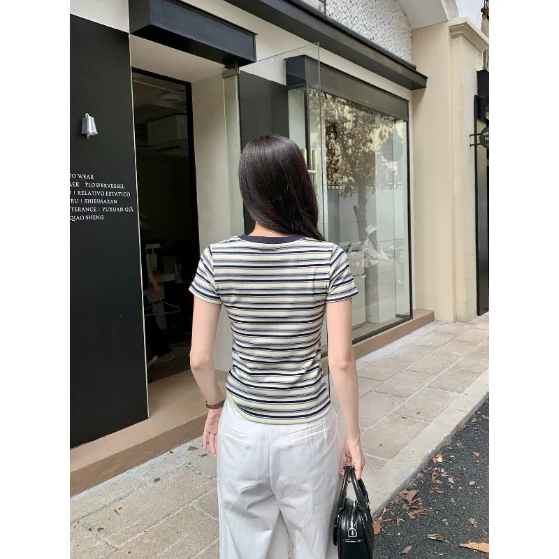 KAISER Regular T Shirt Women's Blue Apricot Stripes-1