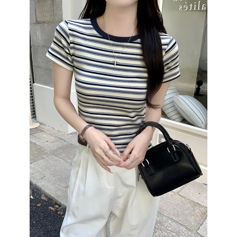 KAISER Regular T Shirt Women's Blue Apricot Stripes-6